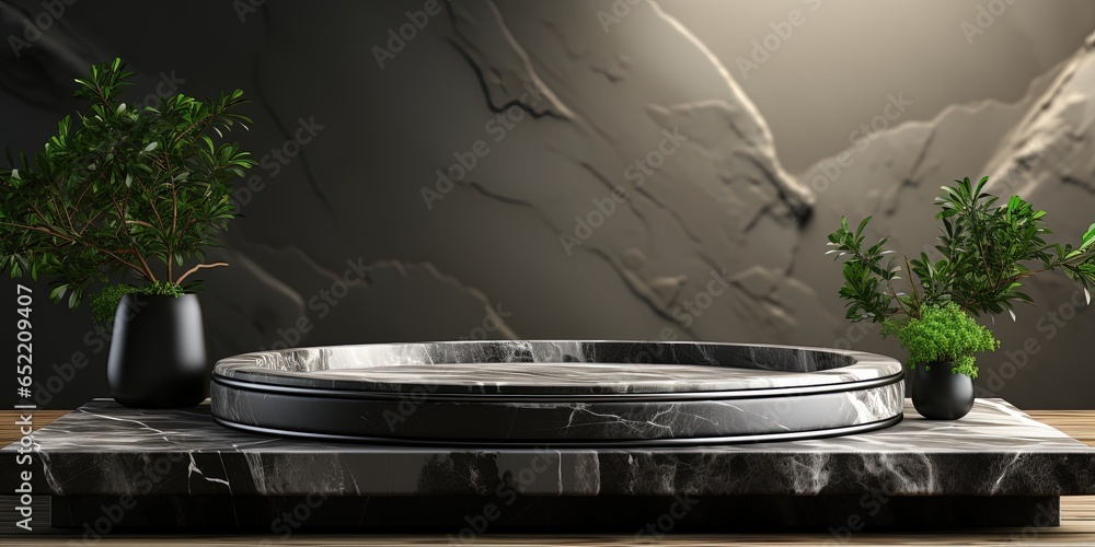 Poster black white stone product display podium. object presentation. platform. stand. minimal background. 