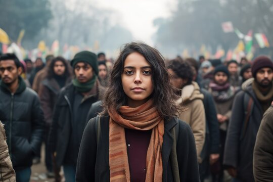 indian girl Leader of a protest march in the middle of a city street ,Generative AI.