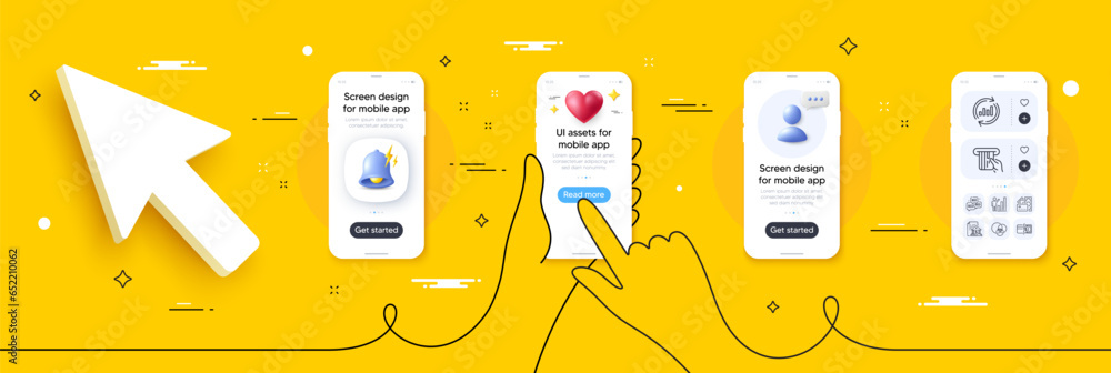 Poster update data, bank document and graph chart line icons pack. phone screen mockup with 3d alert bell, 