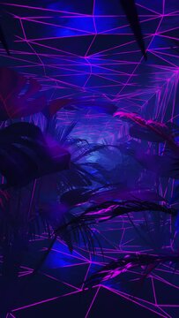 Purple and blue abstract background with palm leaves and neon light. Vertical looped animation.