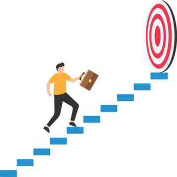 Take small steps to achieve big goals, grow wisely slowly and steadily to reach targets and achieve success, career development concept, confident businessmen take slow small stair steps to reach goal