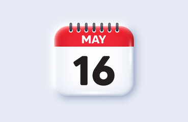 Calendar date 3d icon. 16th day of the month icon. Event schedule date. Meeting appointment time. 16th day of May month. Calendar event reminder date. Vector