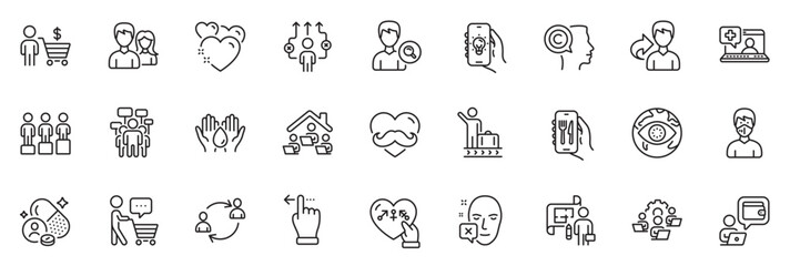 Icons pack as Equity, Genders and Voting campaign line icons for app include Search people, Couple, Cyber attack outline thin icon web set. Heart, Father day, User communication pictogram. Vector