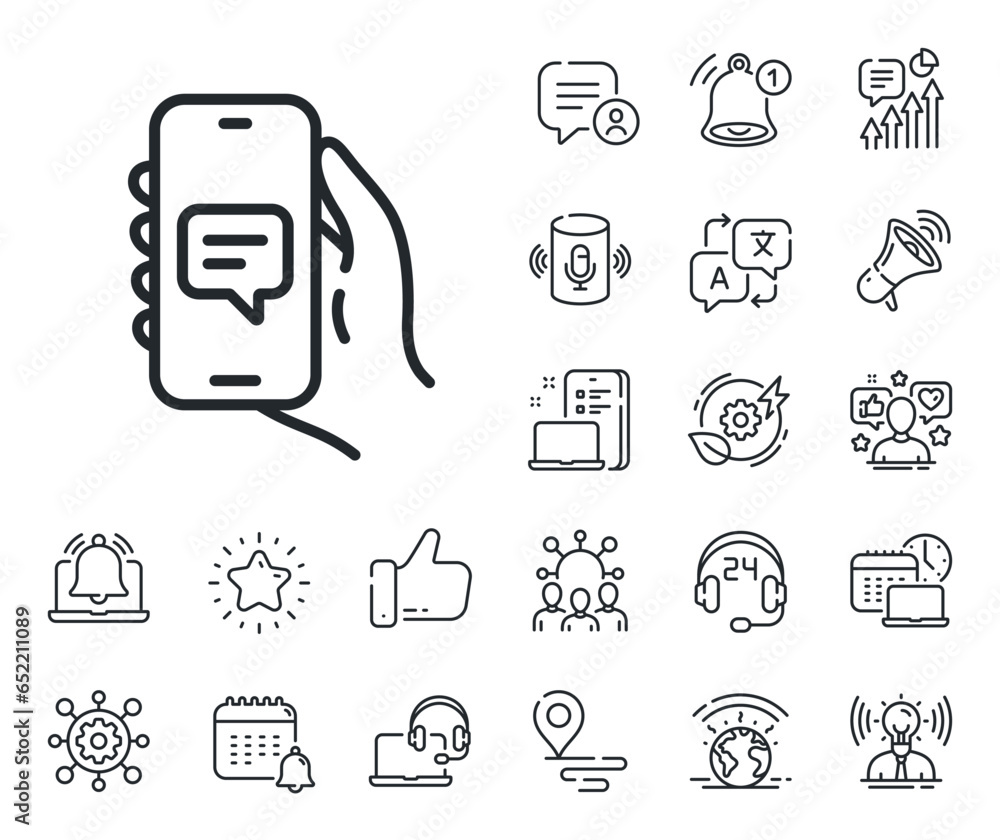 Poster hand hold phone sign. place location, technology and smart speaker outline icons. chat app line icon