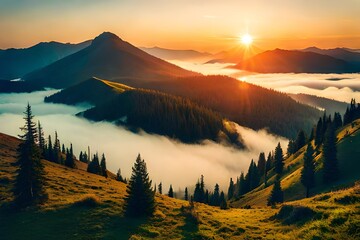 the seen of sunrise in the mountains