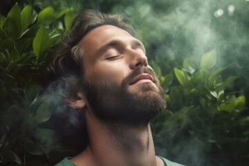 A man relaxed breathing fresh air in a green forest at natural ,Generative AI.