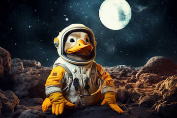 astronaut ducklings and space background - obrazy, fototapety, plakaty