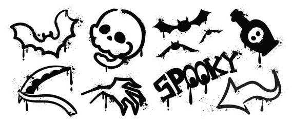 Set of graffiti spray pattern. Collection of halloween symbol, ghost, bat, skull, arrow, poison with spray texture. Elements on white background for sticker, banner, decoration, street art, halloween.