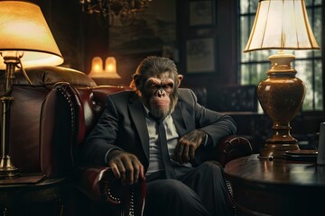Angry monkey boss in business suit sitting in armchair. - obrazy, fototapety, plakaty
