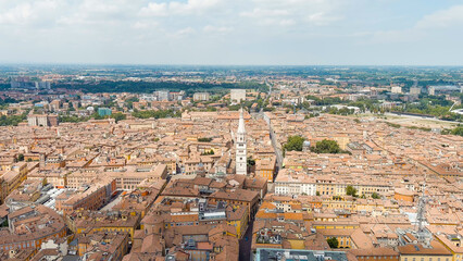 Modena, Italy. Modena Cathedral. Famous Romanesque cathedral with bell tower. Historical Center. Summer, Aerial View