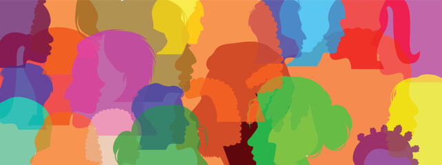 Different people silhouettes background. silhouette multiethnic people from the side. Collaborate. Co-workers. Harmony. Organization. Multi racial