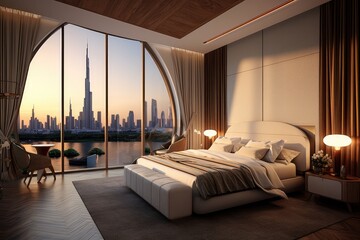 Contemporary and opulent bedroom offers views of skyline ,Generative AI