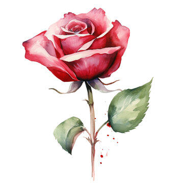 Watercolor illustration of a red rose. Generative AI, png image.