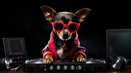 dog DJ, a Russian toy-terrier, spinning beats and spreading musical joy. Sell the fun of a furry DJ.