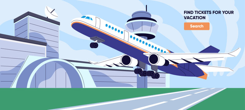 Airplane coming in for landing on runway. Arrival aircraft on airstrip. Airliner takeoff from airfield. Airport tower, terminal building background. Plane travel banner. Flat vector illustration
