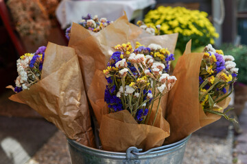 Bouquets of dried flowers in flower shop
