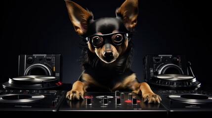 dog DJ, a Russian toy-terrier, spinning beats and spreading musical joy. Sell the fun of a furry DJ. - obrazy, fototapety, plakaty