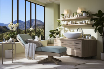 Light green interior of beautiful, relaxing SPA area in sunny day with towels, candles. Advertising of SPA. Copy space