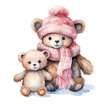 Watercolor illustration of two winter bear cubs in a scarf hat, winter card, Christmas. Generative AI, png image.