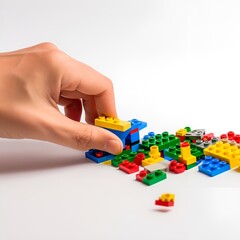 hand arranging rainbow blocks toy white background, ai generative