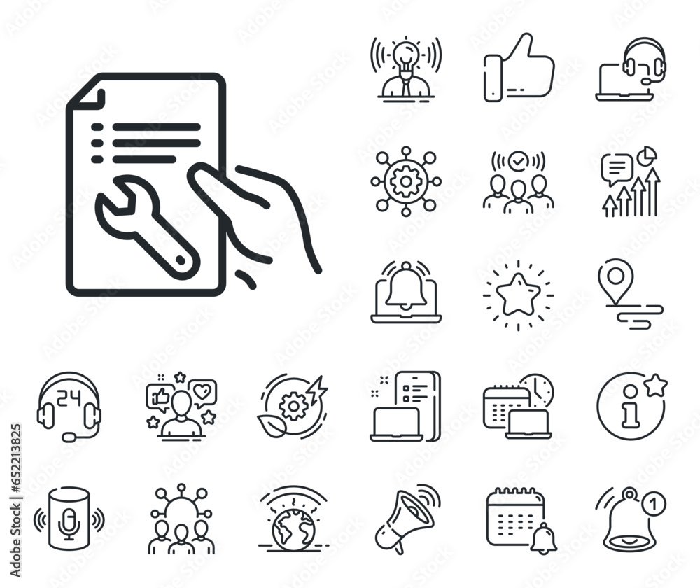 Poster repair service document sign. place location, technology and smart speaker outline icons. spanner to