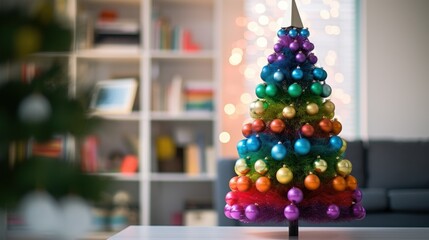 Christmas tree decorated in rainbow LGBT colors. Merry Christmas Pride month and happy new year 2024 with LGBTQ colors Christmas tree at home