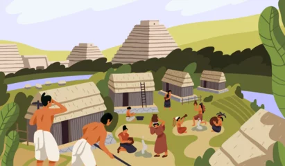Poster Im Rahmen Ancient Mayan village with huts. Maya civilization life. Native American, Indian tribe cooking, working. Aztec pyramids, religion. Mexican landscape with tribal buildings. Flat vector illustration © Paper Trident