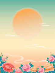 Fototapeta na wymiar Background with peonies and big moon. Chinese style illustration for mid-autumn festival and autumn. 