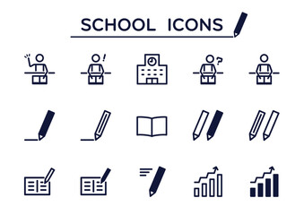 学校・勉強する人・本・ノート・ペンのベクターアイコンセット