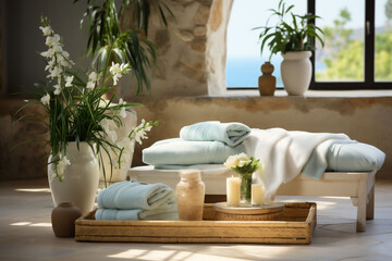 The interior of beautiful, relaxing SPA area in a sunny room with blue towels by window. Copy space