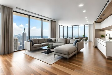 Naklejka na ściany i meble Empty living room with hardwood floor in modern apartment.