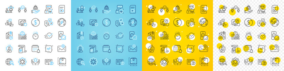 Fototapeta na wymiar Vector icons set of Podcast, Inspect and International copyright line icons pack for web with Cyber attack, Chemistry lab, Phone puzzle outline icon. Build, Inclusion, Video file pictogram. Vector