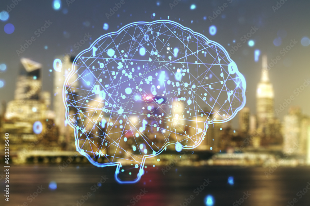 Poster double exposure of creative artificial intelligence interface on blurry cityscape background. neural