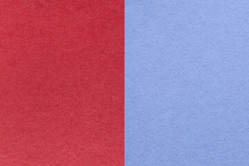 Texture of craft red and blue paper background, half two colors, macro. Vintage wine and very peri cardboard.