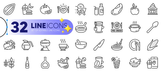 Outline set of Romantic dinner, Coffee cup and Spoon line icons for web with Saucepan, Seafood, Doppio thin icon. Ice cream, Gluten free, Brazil nut pictogram icon. Ice maker, Tea, Fast food. Vector