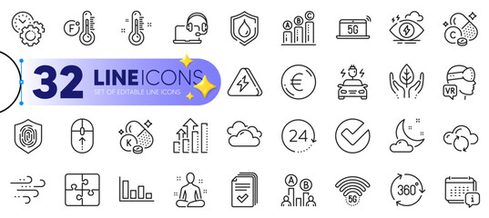 Outline set of Calendar, Cloud sync and Fair trade line icons for web with 5g notebook, Lightning bolt, Consult thin icon. Euro money, 5g wifi, Graph chart pictogram icon. Car charging. Vector