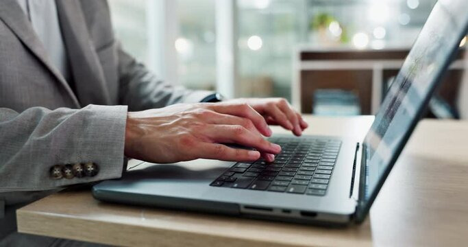 Hands typing, laptop and keyboard at desk, email communication or data analytics in writing process. Business person, computer and click for research, analysis and copywriting on website in workplace