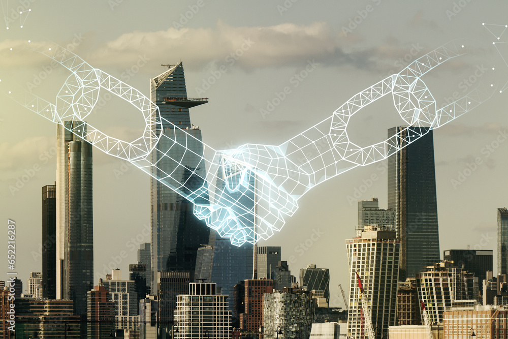 Poster abstract virtual blockchain technology hologram with handshake on new york city skyline background. 