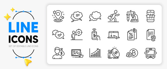 Inflation, Salary and Bus line icons set for app include Phone payment, Pin, Scroll down outline thin icon. Businessman run, Chat message, Microscope pictogram icon. Text message. Vector