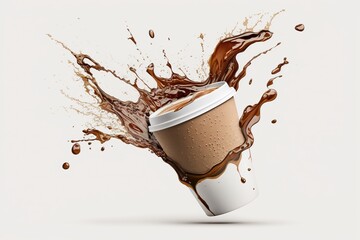 Coffee paper cup, splash and splatter. Burst of brown liquid, drips. Abstract illustration on white background. AI generated.