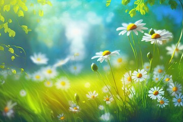 A beautiful spring blurred background. Summer landscape blooming meadow, bright green grass, daisies, colorful flowers. Flowering trees but a background of blue sky with clouds. AI generated