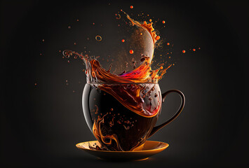 Coffee cup, splash and splatter. Burst of brown liquid, drips. Abstract illustration on dark background. AI generated.