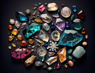 Beautiful collection of crystals and gemstones and minerals on a dark background. Luxury background, stone quartz, glass prism, amber, agate, carnelian, amethyst, nuggets. AI generated.