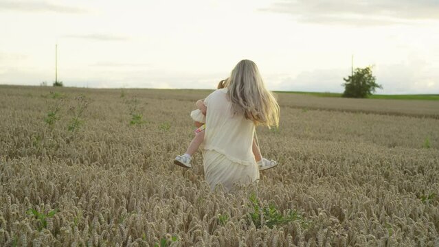 In the diversity of the golden wheat field, mother and daughter circle in a dance, experiencing shared moments of unforgettable harmony with nature. High quality 4k footage