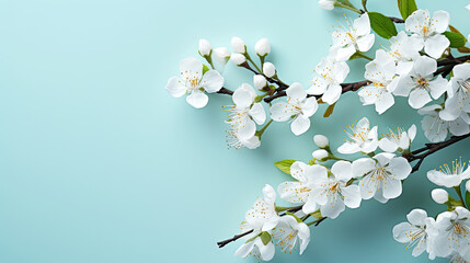 Spring Cherry Blossom Abstract Macro of Cherry Blossom Tree Branch on Blue Background, Perfect Floral Backdrop for Artistic Design 