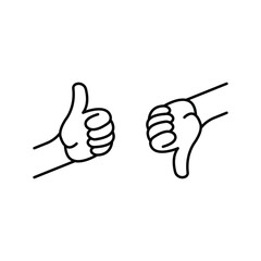 black thumbs up and thumbs down icon. concept of super or sure client recall and learning mistake. contour flat style trend modern outline simple logotype graphic thin line design isolated on white