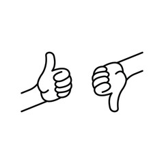 black thumbs up and thumbs down icon. concept of super or sure client recall and learning mistake. contour flat style trend modern outline simple logotype graphic thin line design isolated on white