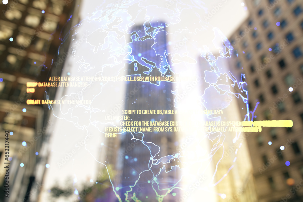 Poster multi exposure of abstract programming language hologram and world map on blurry cityscape backgroun