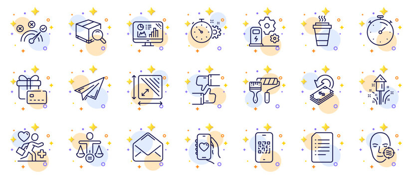 Outline set of Fireworks, Charging station and Cogwheel timer line icons for web app. Include Problem skin, Patient, Dating app pictogram icons. Mail, Search package, Qr code signs. Vector