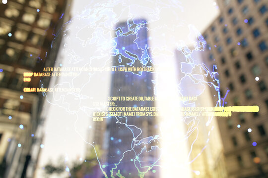 Multi exposure of abstract programming language hologram and world map on blurry cityscape background, artificial intelligence and neural networks concept